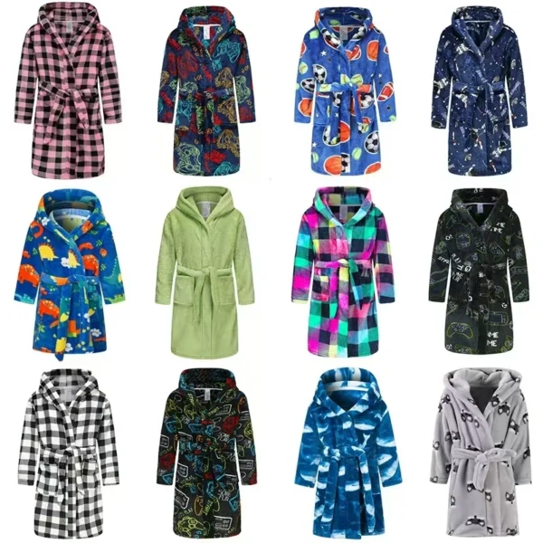 Children's Winter Printed Fleece Bathrobe With Hooded