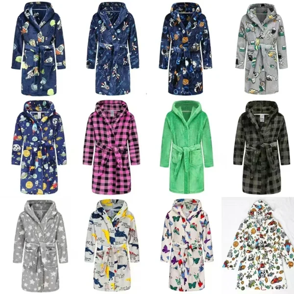 Children's Winter Printed Fleece Bathrobe With Hooded