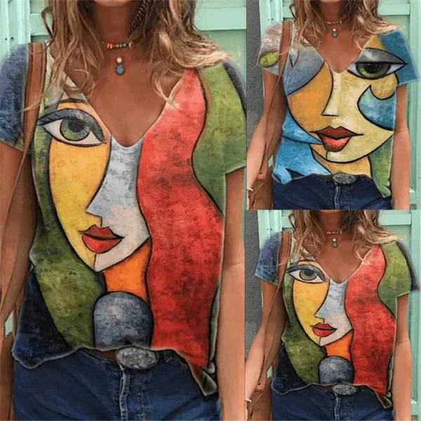 Portrait Printed V-neck Ladies' Short Sleeve T-shirt