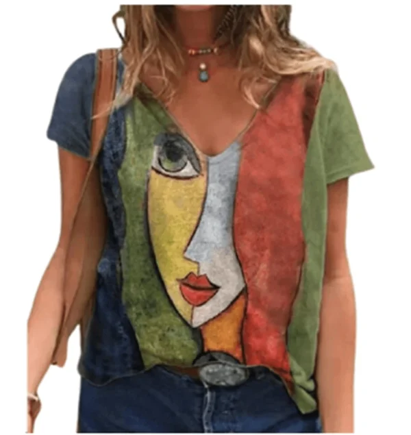 Portrait Printed V-neck Ladies' Short Sleeve T-shirt