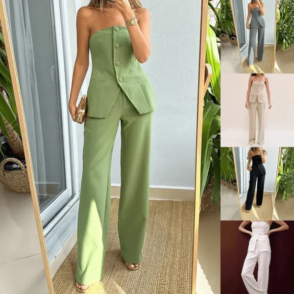 68a731195e14190e578c2222_lg Graceful Tube Top Suit Fashion Button Sleeveless Top And Straight Pants Women's Trousers Set