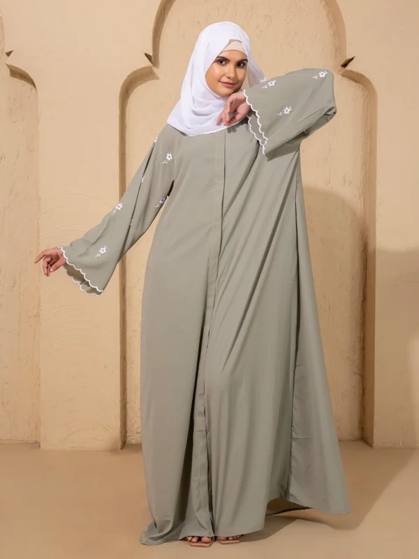 Sage Green Embroidered Abaya With Scallop Sleeve And Scarf