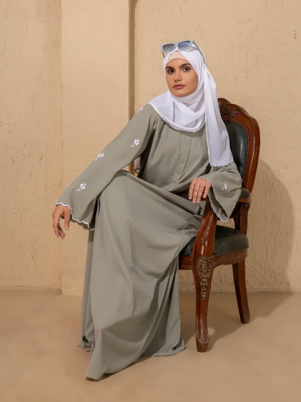 Sage Green Embroidered Abaya With Scallop Sleeve And Scarf