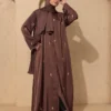 Brown Embroidered Abaya Front Open Modest Wear With Golden Floral Detailing