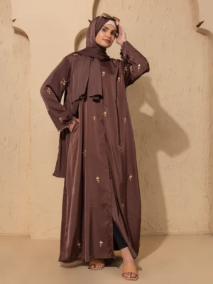 Brown Embroidered Abaya Front Open Modest Wear With Golden Floral Detailing