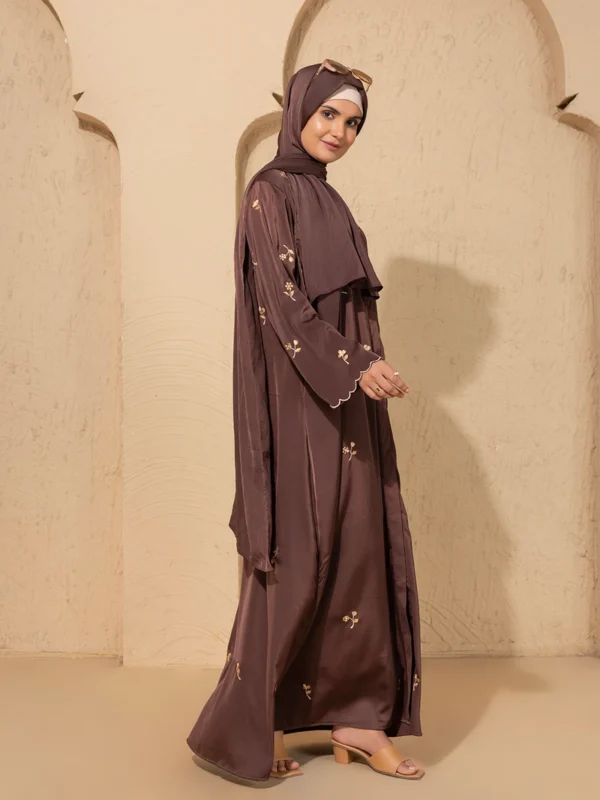 Brown Embroidered Abaya Front Open Modest Wear With Golden Floral Detailing