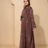 Brown Embroidered Abaya Front Open Modest Wear With Golden Floral Detailing