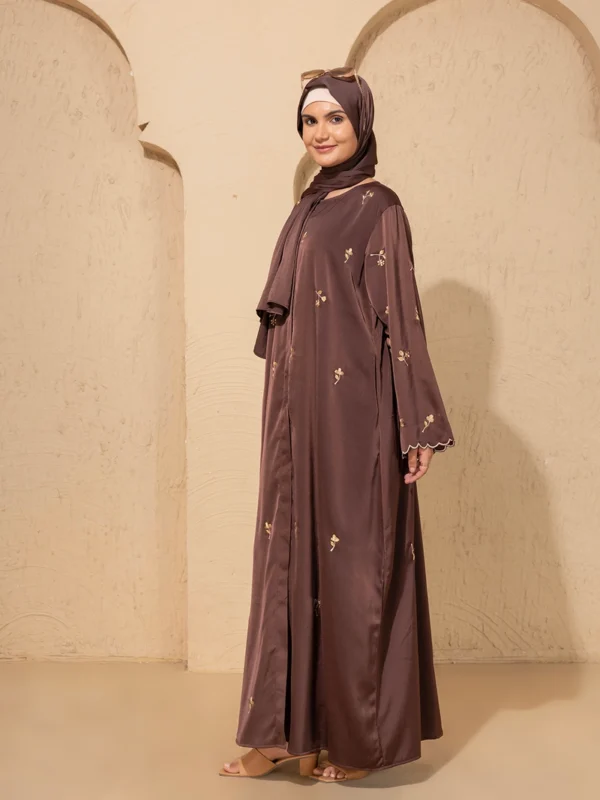 Brown Embroidered Abaya Front Open Modest Wear With Golden Floral Detailing