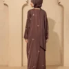 Brown Embroidered Abaya Front Open Modest Wear With Golden Floral Detailing