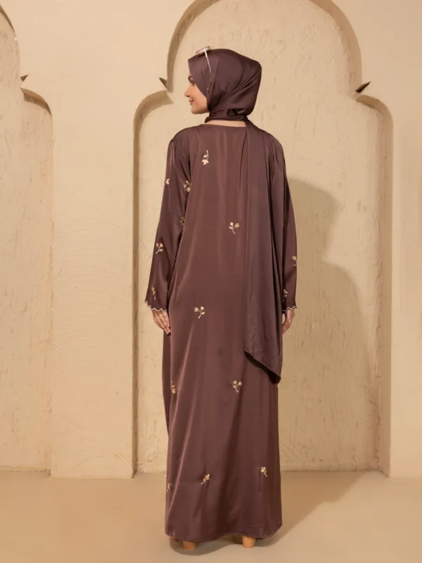 Brown Embroidered Abaya Front Open Modest Wear With Golden Floral Detailing