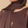 Brown Embroidered Abaya Front Open Modest Wear With Golden Floral Detailing