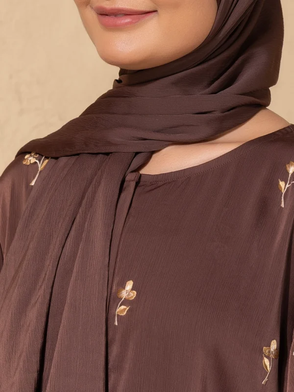 Brown Embroidered Abaya Front Open Modest Wear With Golden Floral Detailing