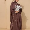 Brown Embroidered Abaya Front Open Modest Wear With Golden Floral Detailing
