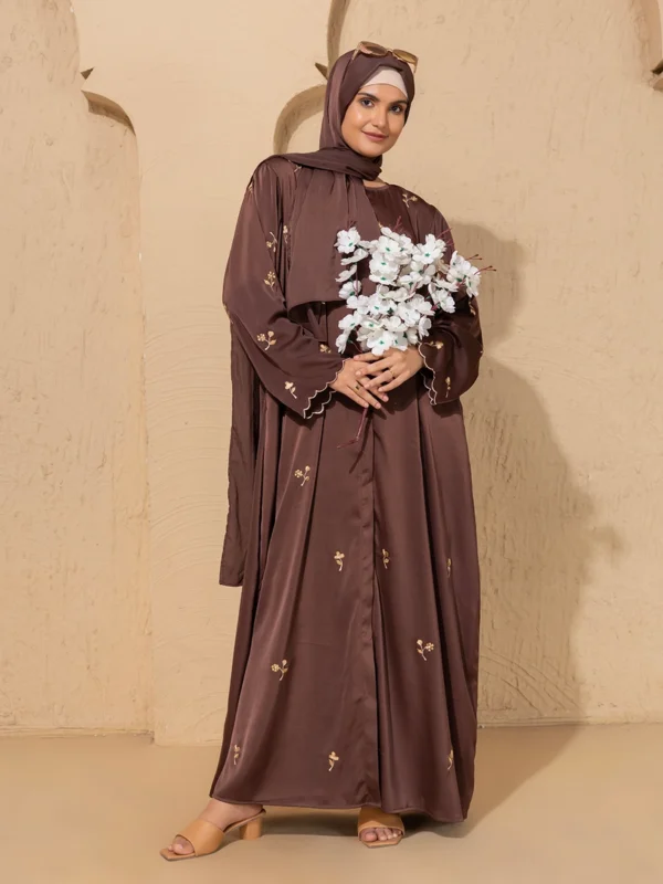 Brown Embroidered Abaya Front Open Modest Wear With Golden Floral Detailing