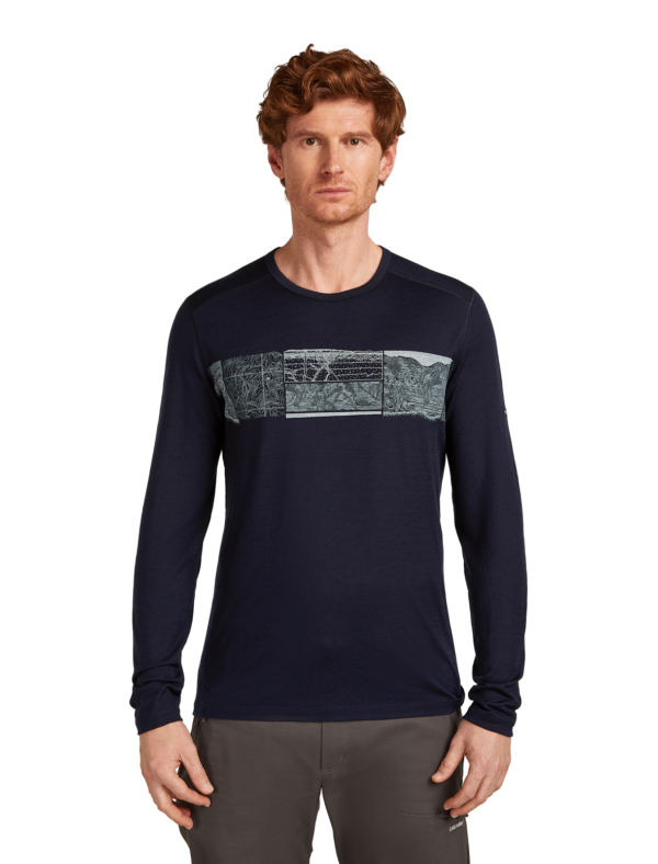 IB0A57BD401100L (1) Icebreaker 200 Oasis Mens Merino Long Sleeve Crewe T-Shirt - Elevation Line - Midnight Navy - L
